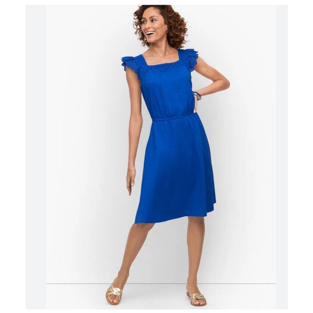 Talbots Eyelet Slub Knit Fit & Flare Dress Cobalt Blue Preppy Spring Beach Vacy